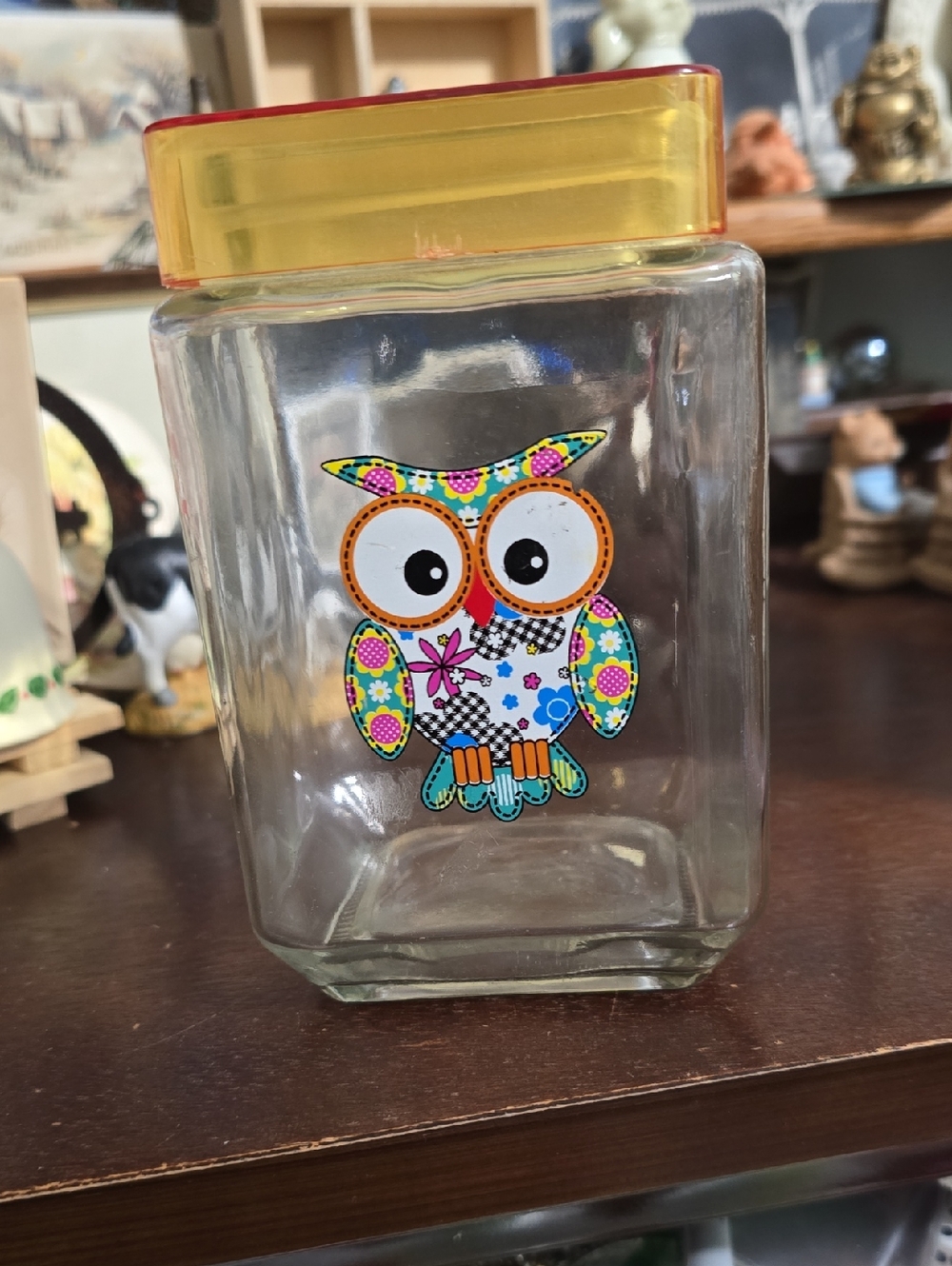 Colorful Owl Glass Canister with Yellow Lid